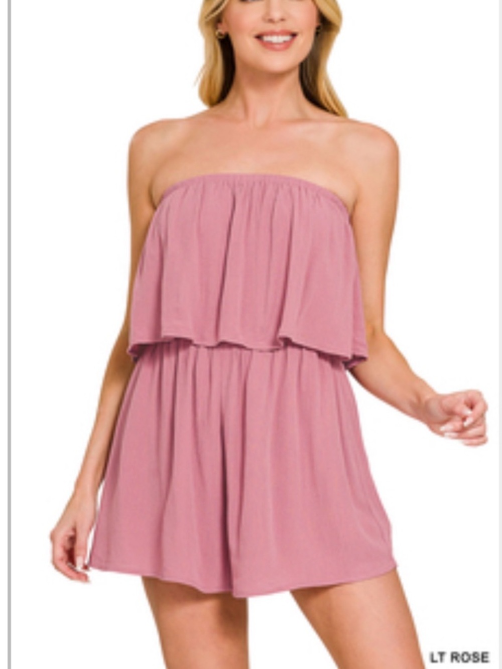 Zenana Outfitters Rose Pink Strapless Ruffled Romper